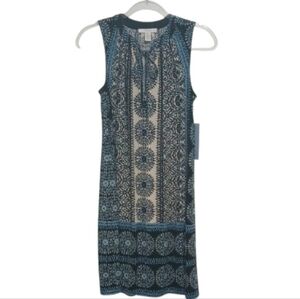 London Times Navy and Cream Printed Sleeveless Midi Dress Size 4 NEW